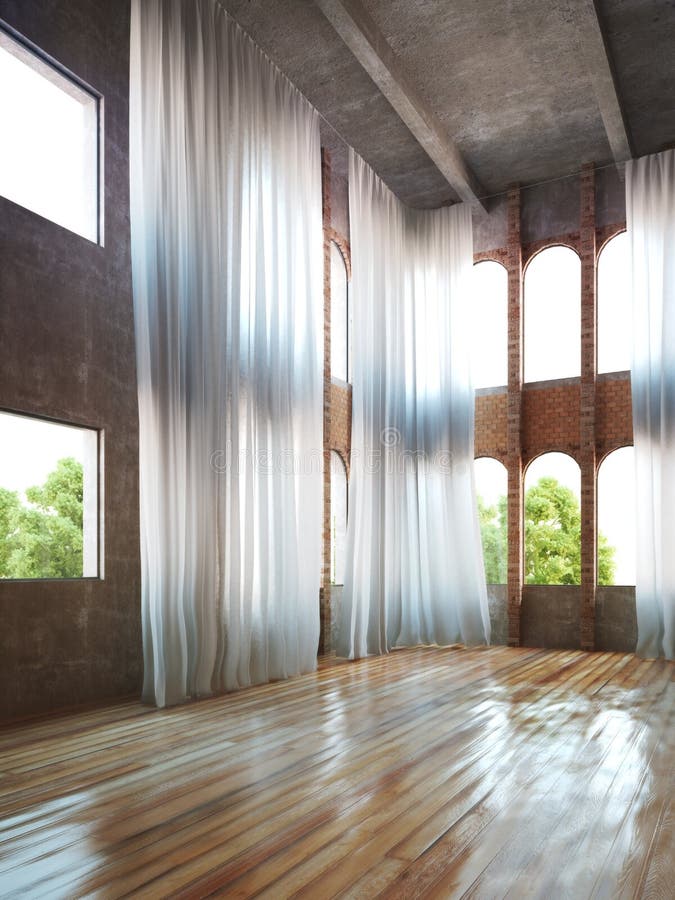 Interior vacío del sitio con acentos rústicos y cortinas ilustración del vector Interior vacío del sitio con acentos rústicos y cortinas ilustración del vector