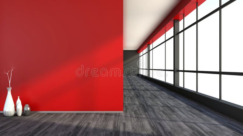 Interior vacío rojo con la ventana grande stock de ilustración Interior vacío rojo con la ventana grande stock de ilustración