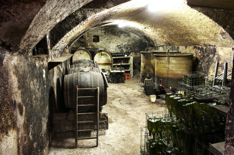 Interior of a vaulted wine cellar with old casks. Interior of a vaulted wine cellar with old wooden oak casks or barrels, jars and equipment for fermentation and royalty free stock photos Interior of a vaulted wine cellar with old casks. Interior of a vaulted wine cellar with old wooden oak casks or barrels, jars and equipment for fermentation and royalty free stock photos