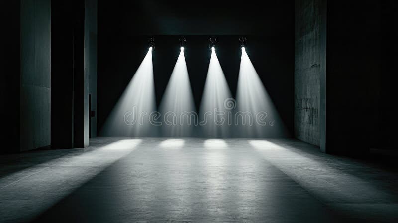 Interior de armazém vazio com focos de teto dramáticos e sombras fotos de stock royalty free