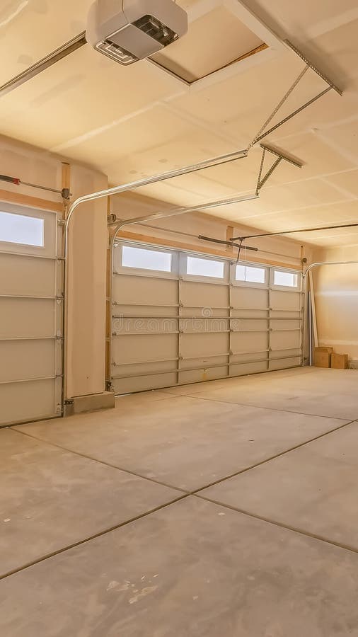 Interior vertical do quadro de uma garagem vazia com as duas grandes portas e as janelas retangulares pequenas foto de stock Interior vertical do quadro de uma garagem vazia com as duas grandes portas e as janelas retangulares pequenas foto de stock