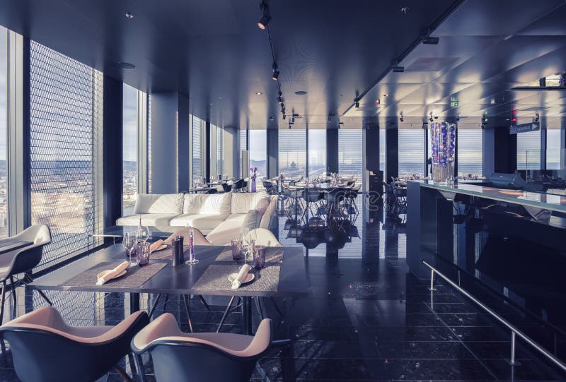 Interior of Vienna contemporary restaurant in sky royalty free stock photography
