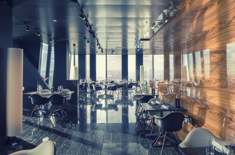 Interior of Vienna contemporary restaurant in sky stock photos