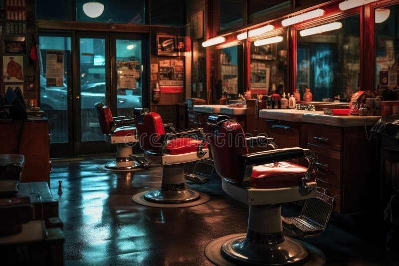 Interior View of an Empty Modern Barber Shop at Night, Aigenerated