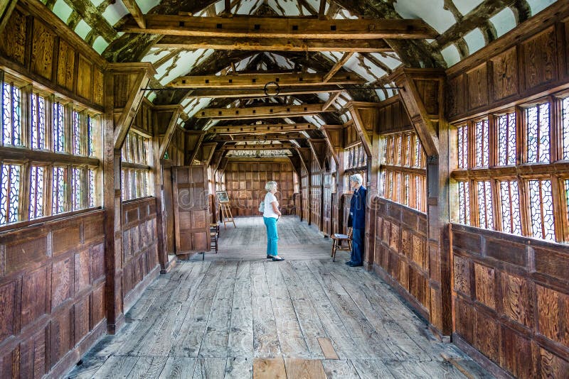 Interior view of medieval tudor long gallery in Little Moreton Hall in Moreton, Cheshire, UK stock image Interior view of medieval tudor long gallery in Little Moreton Hall in Moreton, Cheshire, UK stock image