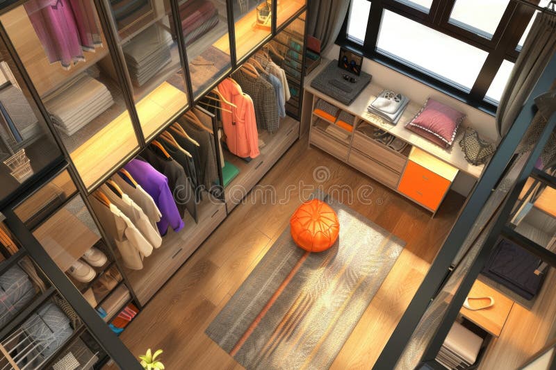 Interior view of a room with a bed and closet. Suitable for interior design concepts stock photos