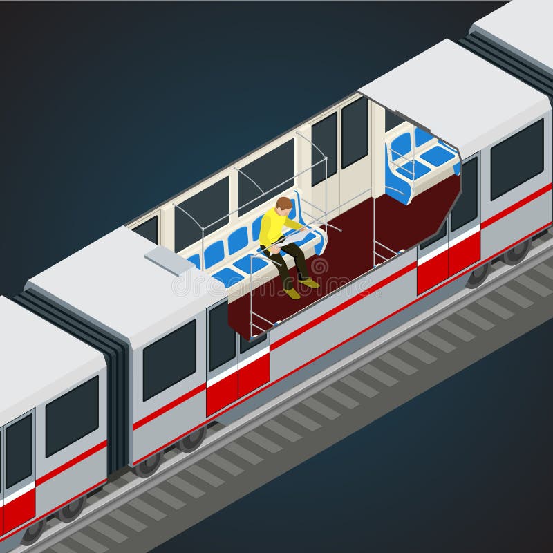 Interior view of a subway car. Train, Subway. Transport. Vehicles designed to carry large numbers of passengers. Flat royalty free illustration