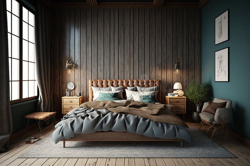 Interior of Vintage Bedroom with Double Bed and Wooden Wall Stock