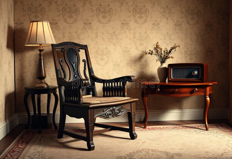 Interior vintage con mobiliario antiguo stock de ilustración