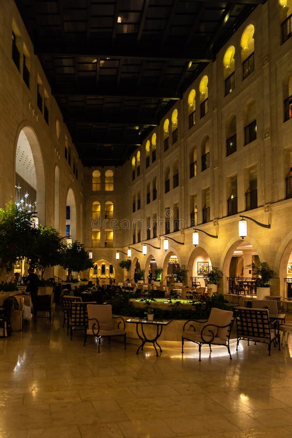 Interior of the Waldorf Astoria Hotel Lobby in Jerusalem, Israel