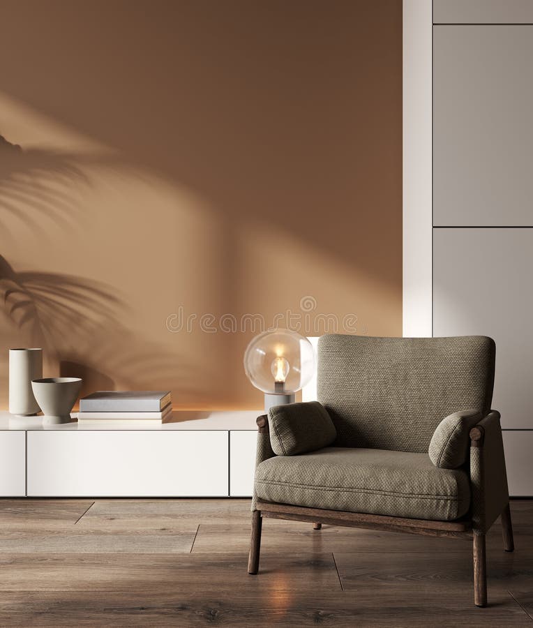 Interior wall mockup in beige tones with brown armchair on brown wall background