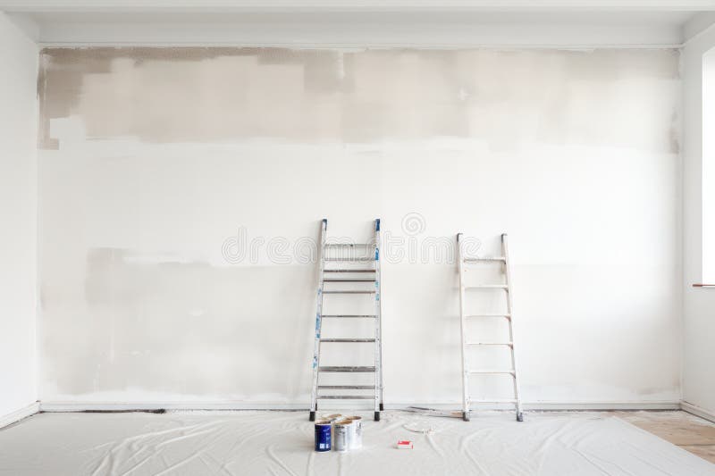 Interior Wall Painting in Progress with Two Ladders, Protective Sheeting, and Renovation Tools