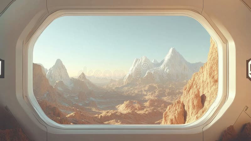 Interior window view of a distant planet. Mountains on arid terrain. Horizon view from space module on new world. Distant peaks stock image
