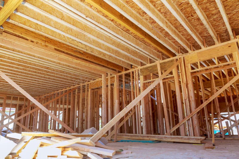 Interior with Wood Framing Beam of New House Under Construction Beam Wood Stock Image Image of