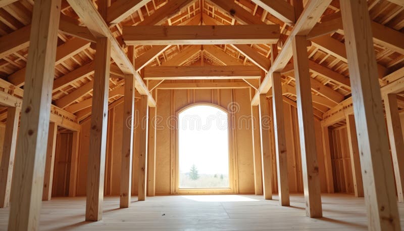 Interior wooden beams house under construction. Architectural marvel, timber framework, new residential building. Wooden stock illustration