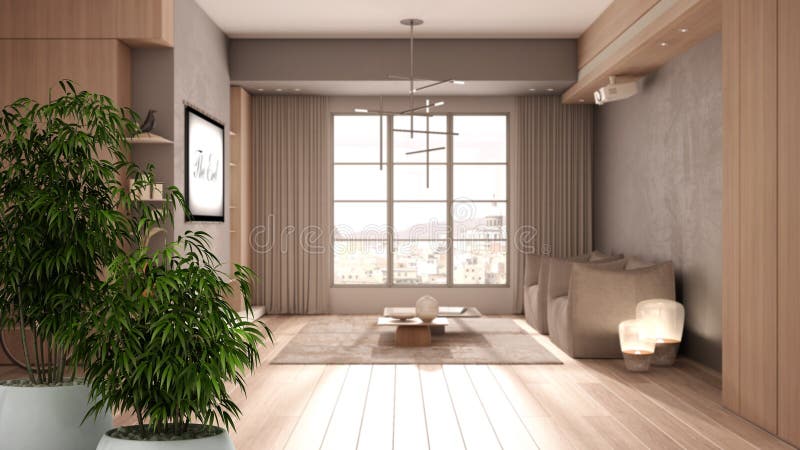 Interior zen con maceta de bambú, concepto de diseño natural, sala de estar minimalista en tonos beige, detalles de madera y horm libre illustration Interior zen con maceta de bambú, concepto de diseño natural, sala de estar minimalista en tonos beige, detalles de madera y horm libre illustration