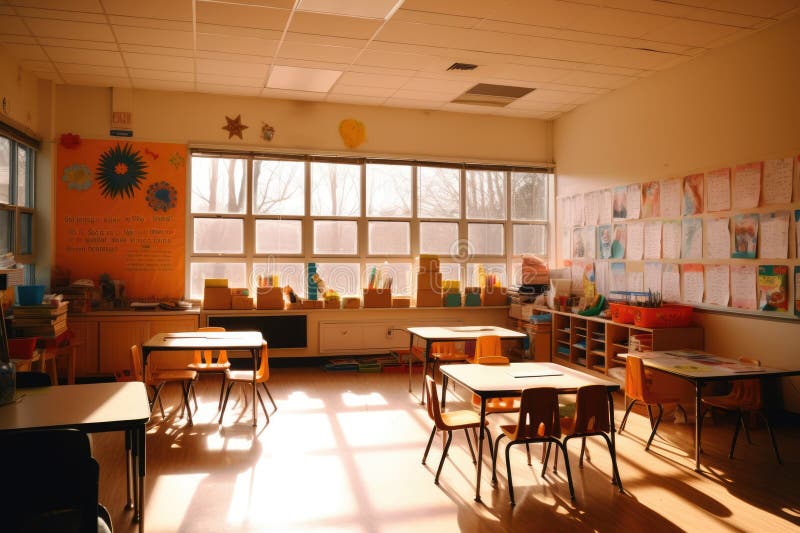 Interiors of classroom with window, created using generative ai technology stock illustration