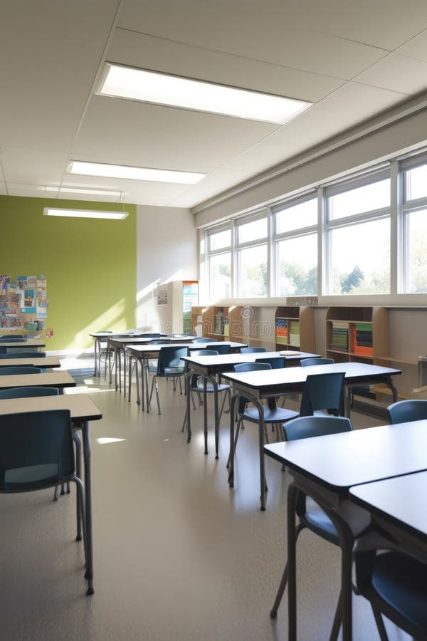 Interiors of classroom with window, created using generative ai technology royalty free illustration