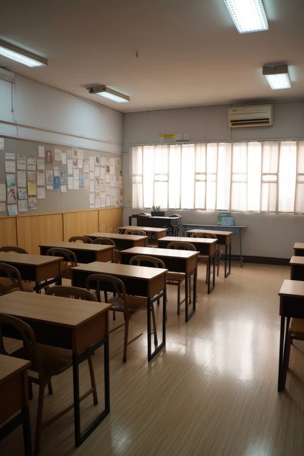 Interiors of classroom with window, created using generative ai technology stock illustration