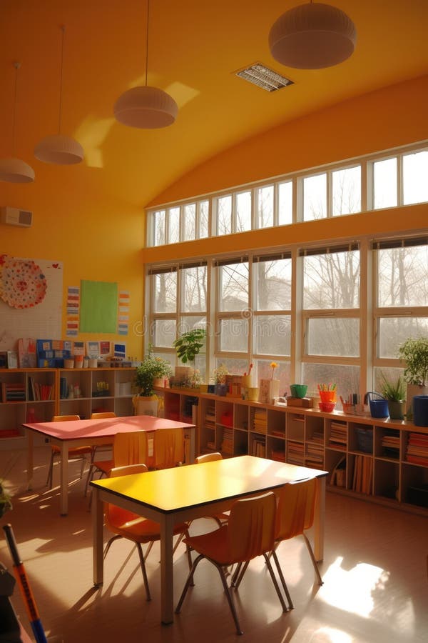 Interiors of classroom with window, created using generative ai technology royalty free illustration