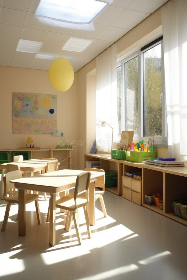 Interiors of classroom with window, created using generative ai technology stock illustration