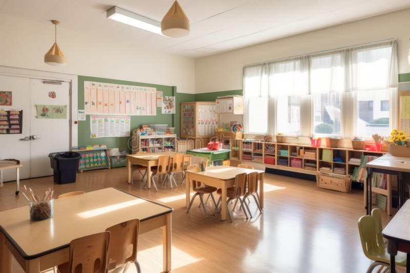Interiors of classroom with window, created using generative ai technology stock illustration