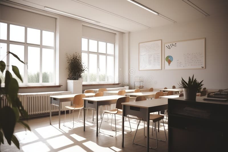 Interiors of classroom with windows, created using generative ai technology. Classroom, school and learning concept digitally generated image