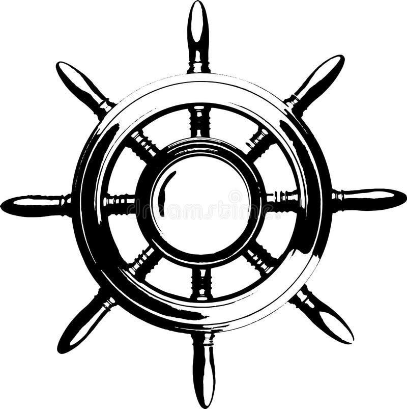 Vintage marine steering wheel black and white isolated engrave eps 10 vector illustration. Vintage marine steering wheel black and white isolated engrave eps 10 vector illustration