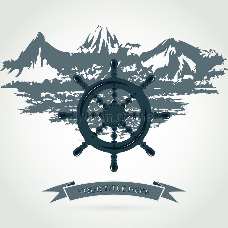 Illustration steering wheel of the ship against the sea and the mountains. Illustration steering wheel of the ship against the sea and the mountains