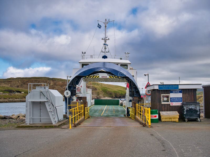 The interisland ro-ro car ferry Bigga at the Gutcher ferry terminal on the island of Yell in Shetland, UK