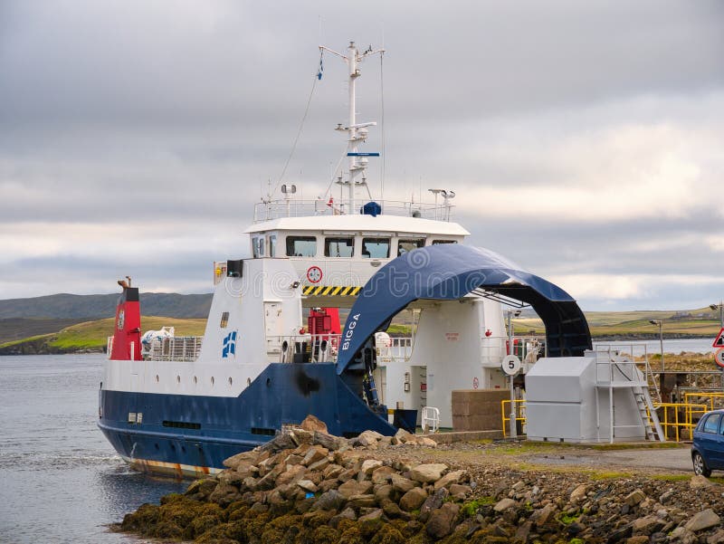 The interisland ro-ro car ferry Bigga at the Gutcher ferry terminal on the island of Yell in Shetland, UK