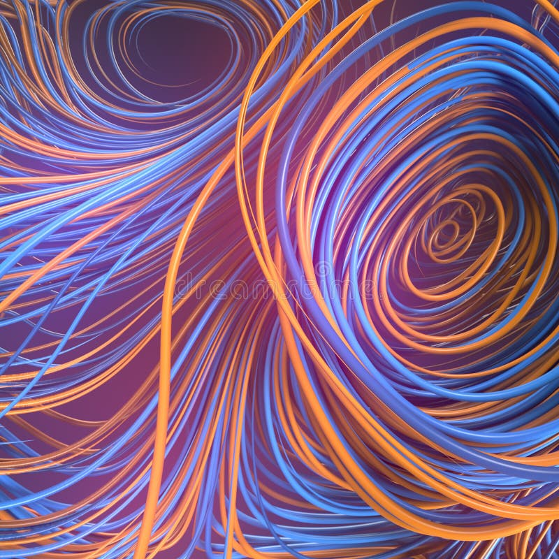 Interlacing abstract orange and blue colored curves. 3D rendering vector illustration