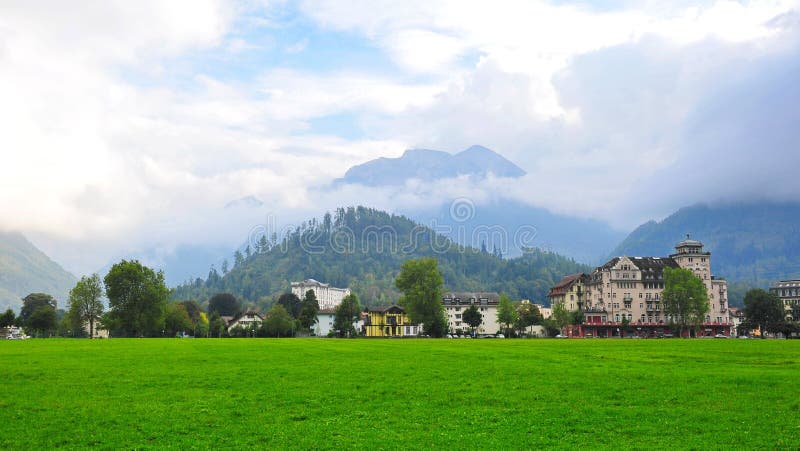 Interlaken town surrounded by famous mountain peaks