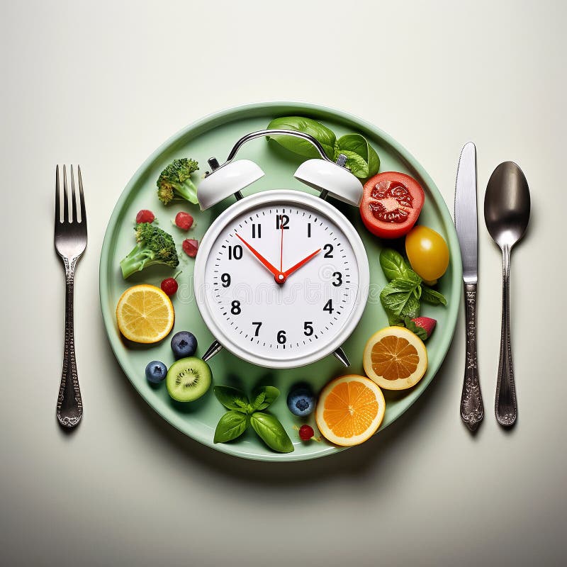Intermittent fasting concept, illustration with alarm clock and fresh vegetables and fruits on plate. Healthy food. Generative AI vector illustration