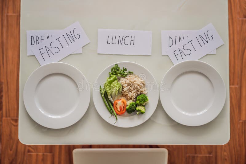 Intermittent fasting during breakfast and dinner. Intermittent fasting concept, top view. Intermittent fasting during breakfast and dinner. Intermittent fasting concept, top view.