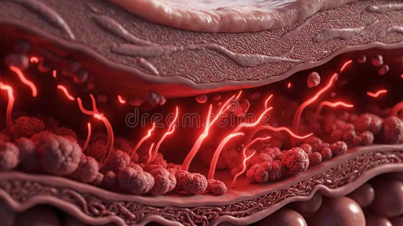 Internal Human Tissue Anatomy Microscopic View Red Blood Cells Flowing Through Vessels Medical Visualization vector illustration