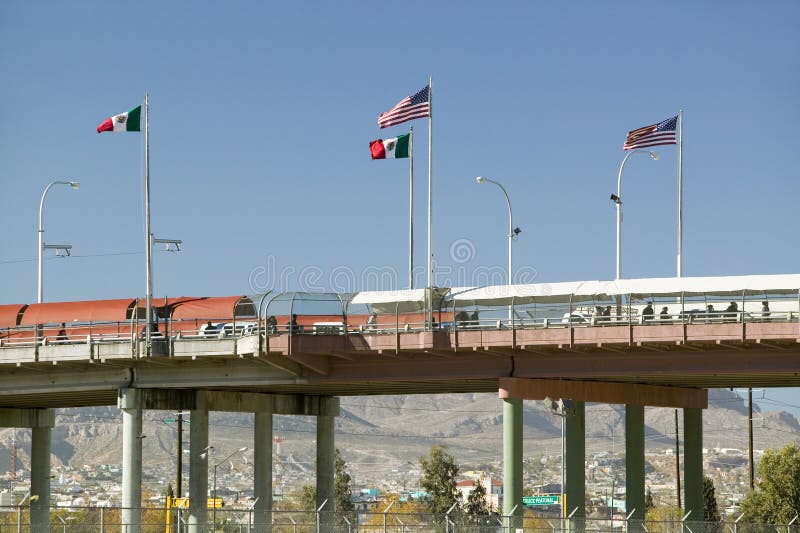 International border of Mexico & the United States, with flags and walking bridge connecting El Paso Texas to Juarez, Mexico