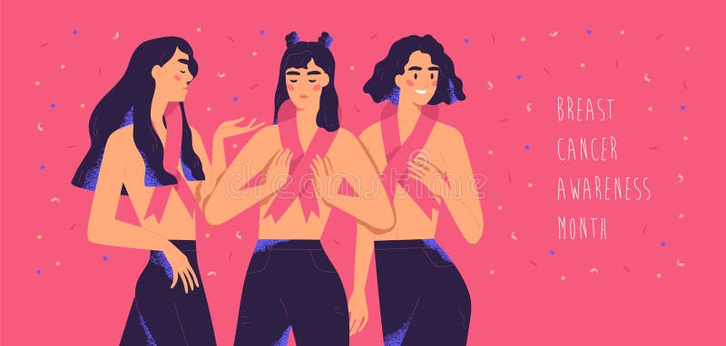 International breast cancer awareness month banner. Girls with pink ribbon symbols standing together. Concept of women`s stock illustration International breast cancer awareness month banner. Girls with pink ribbon symbols standing together. Concept of women`s stock illustration