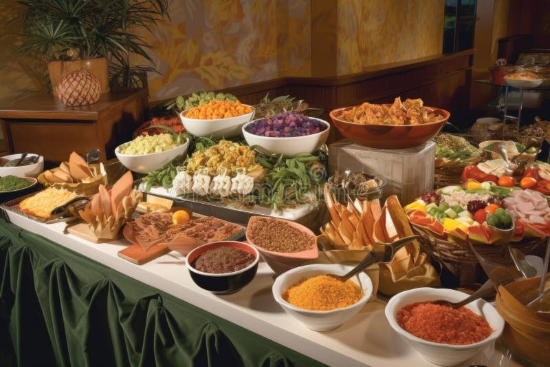 International Buffet Spread with a Variety of Flavors, Textures, and