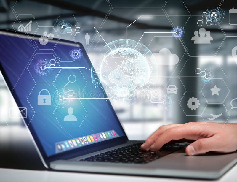 International business network connection displayed on a futuristic interface with technology icon and sphere globe - Worldwide b stock photography