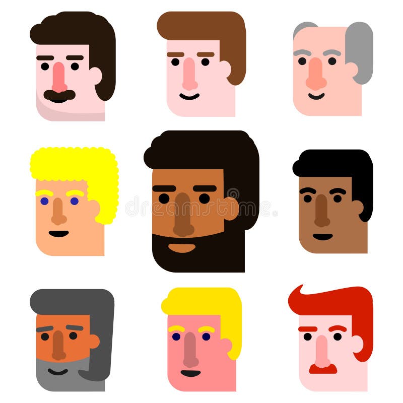International Cartoon Male Faces Icon Set of All Age Groups Stock