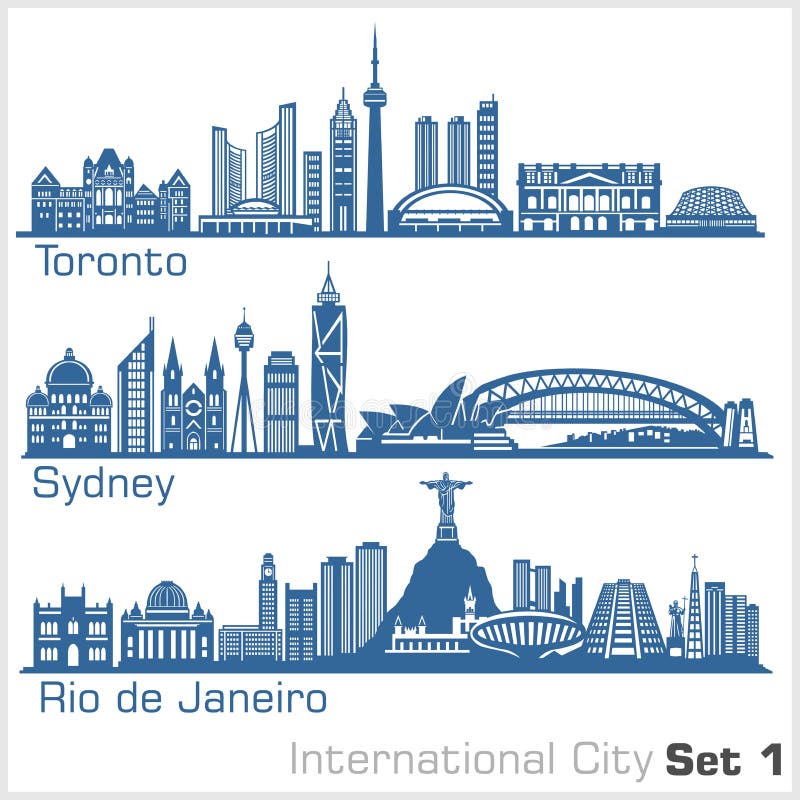International City - Toronto, Sydney, Rio de Janeiro. Detailed architecture. Trendy vector illustration. stock illustration
