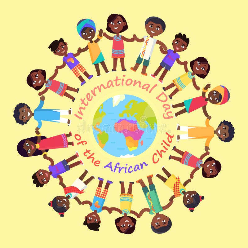 International Day of African Child poster with kids who hold hands in circle around Earth isolated vector illustration on yellow background. International Day of African Child poster with kids who hold hands in circle around Earth isolated vector illustration on yellow background.