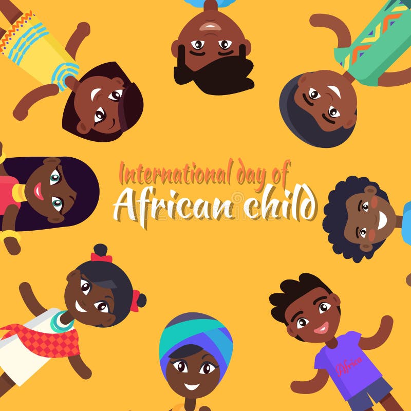 International Day of African Child poster with kids who hold hands stretched ready to get help isolated vector illustration on yellow background. International Day of African Child poster with kids who hold hands stretched ready to get help isolated vector illustration on yellow background.