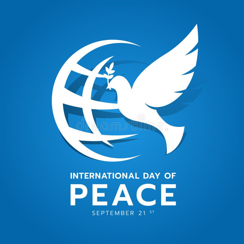 International day of peace banner with white dove of Peace and world sign on blue background vector design stock illustration