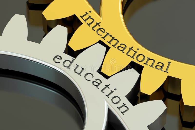 International Education concept on the gearwheels, 3D rendering royalty free illustration