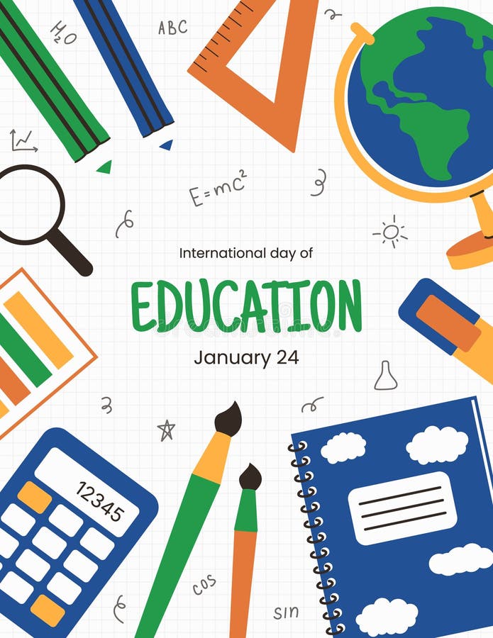 International Education Day poster template on January 24. Study elements, notebook, pencil, globe, ruler in flat style. Vector royalty free illustration