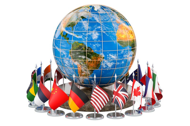 International global communication concept with flags around the Earth Globe, 3D rendering royalty free illustration