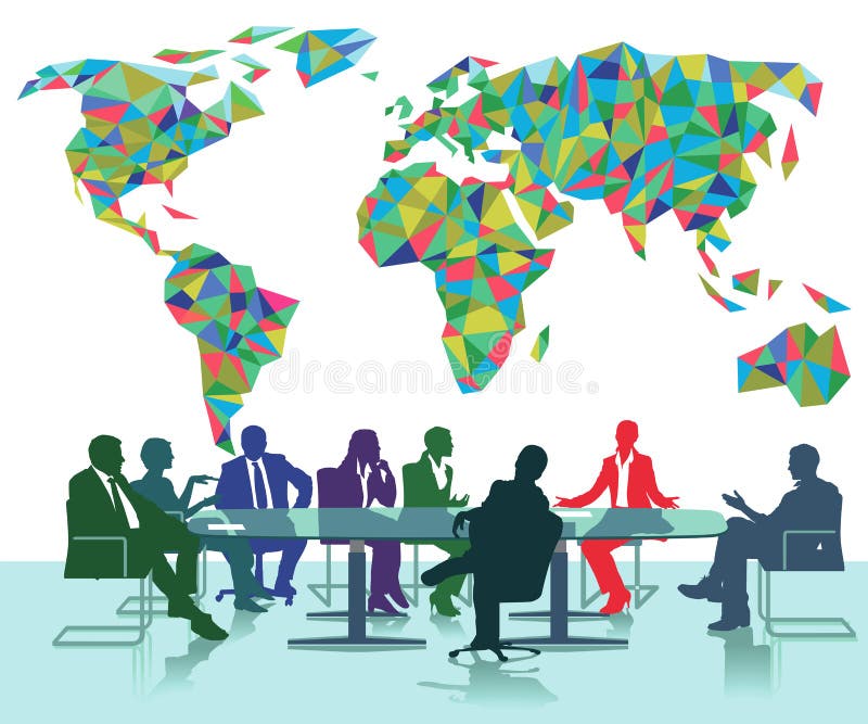 Conference table with business professionals meeting under a world map. Conference table with business professionals meeting under a world map.