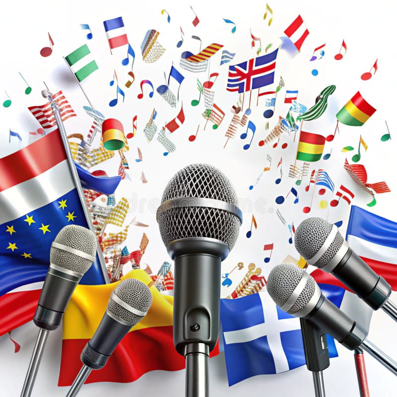 International music, global voices. Many microphones and flags surrounding musical notes, celebrating cultural diversity in music royalty free illustration